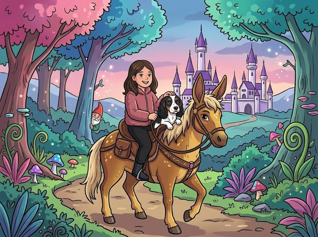 Angelina a cavalo com a fiel escudeira, a caminho do castelo