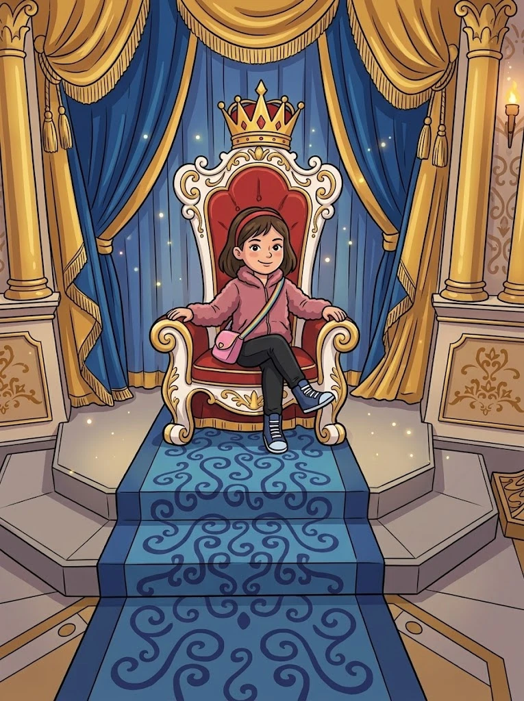 A Princesa Angelina sentada no trono