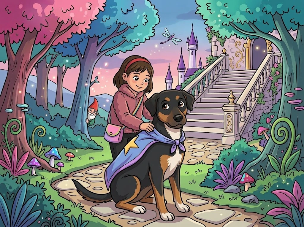 Angelina ajeitando a capa de estrela da Biquinha, em frente à escadaria do castelo