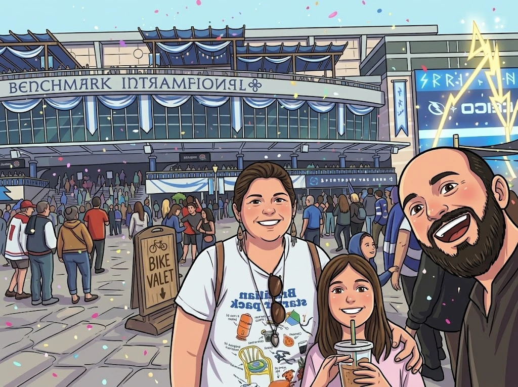 A família na entrada da arena, com confete