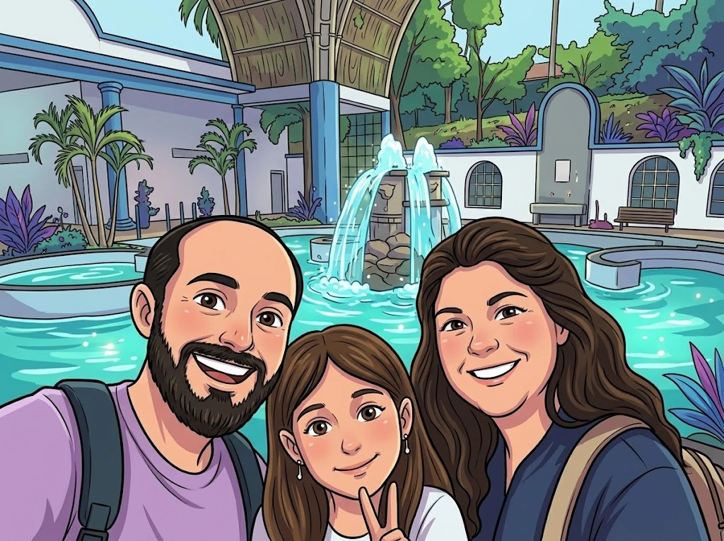 A família em frente a uma fonte