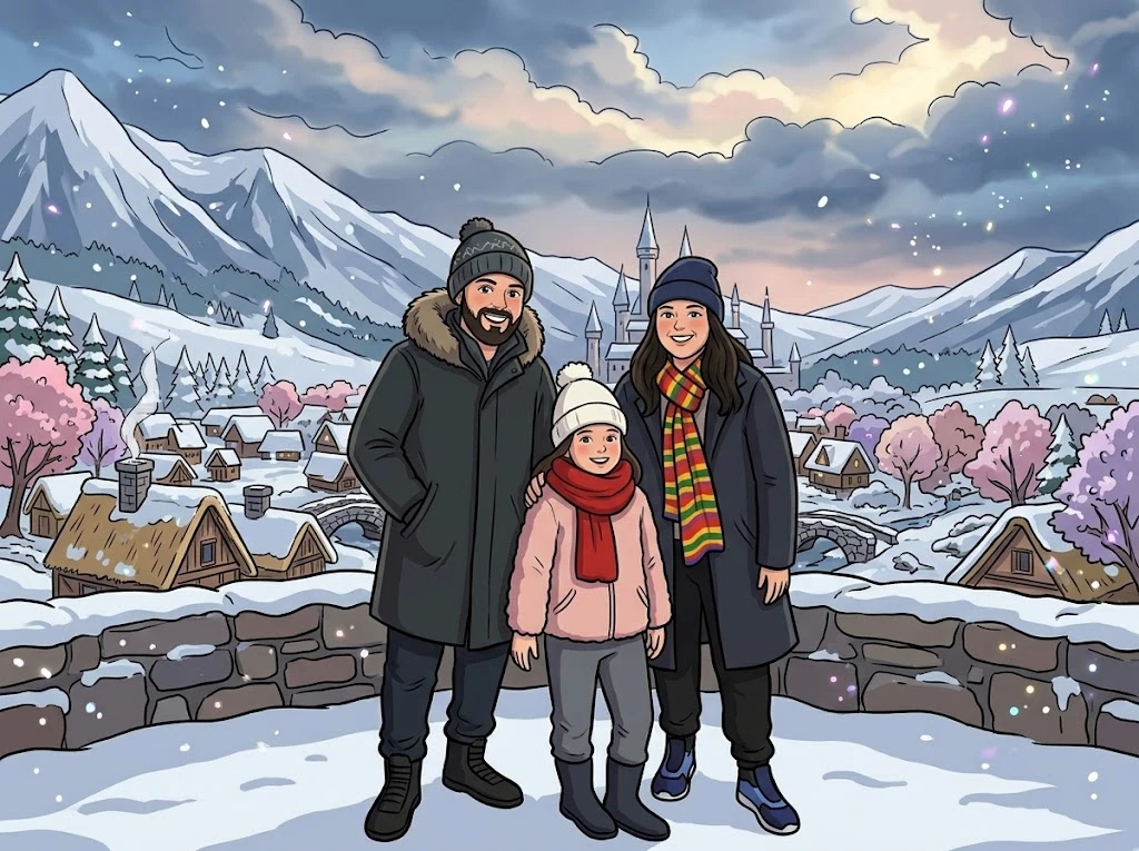 A família na neve, com um castelo ao fundo