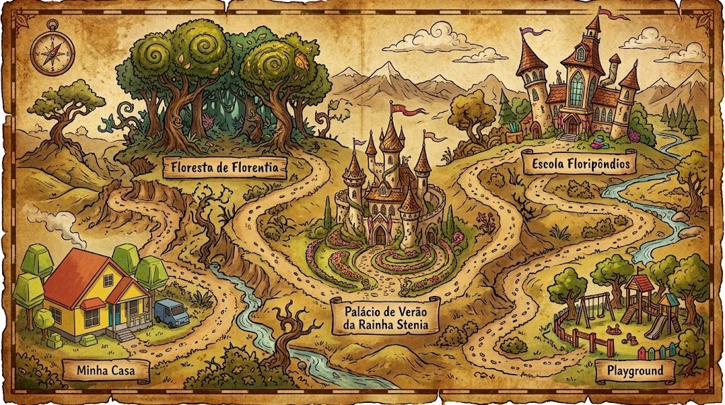 Mapa do reino: Minha Casa, Floresta de Florentia, Palácio de Verão, Escola Floripôndios e Playground